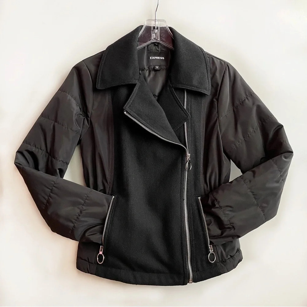Express Black Puffer Wool Lined Padded Winter Warm Cozy Ski Jacket Coat Size XS - Picture 2 of 14